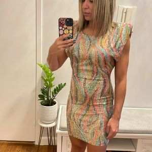 Fashion Nova Pastel Sequence Dress with Padded Shoulders-SMALL CALL OUT